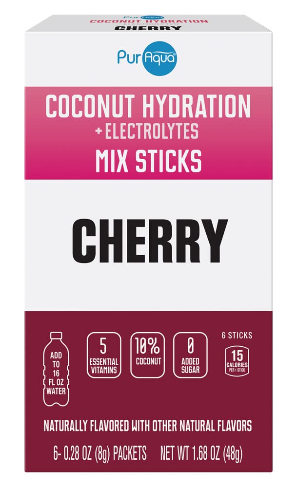 PurAqua Coconut Hydration+Electrolytes Mix Sticks Packets, Cherry (6 x 0.28 oz)
