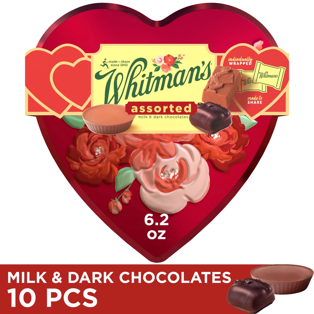 Whitman's Floral Heart Milk & Dark Chocolate Candy Gift Box, Assorted (6.2 oz, 10 ct)