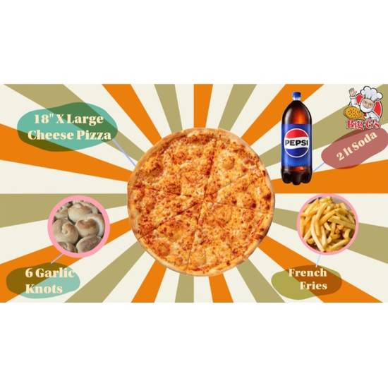 One 18" Cheese Pizza, 2lt Soda, French Fries, 6 Garlic Knots