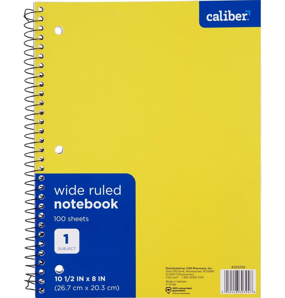 Caliber Wide Ruled Notebook, Assorted Colors, 10.5 x 8 in