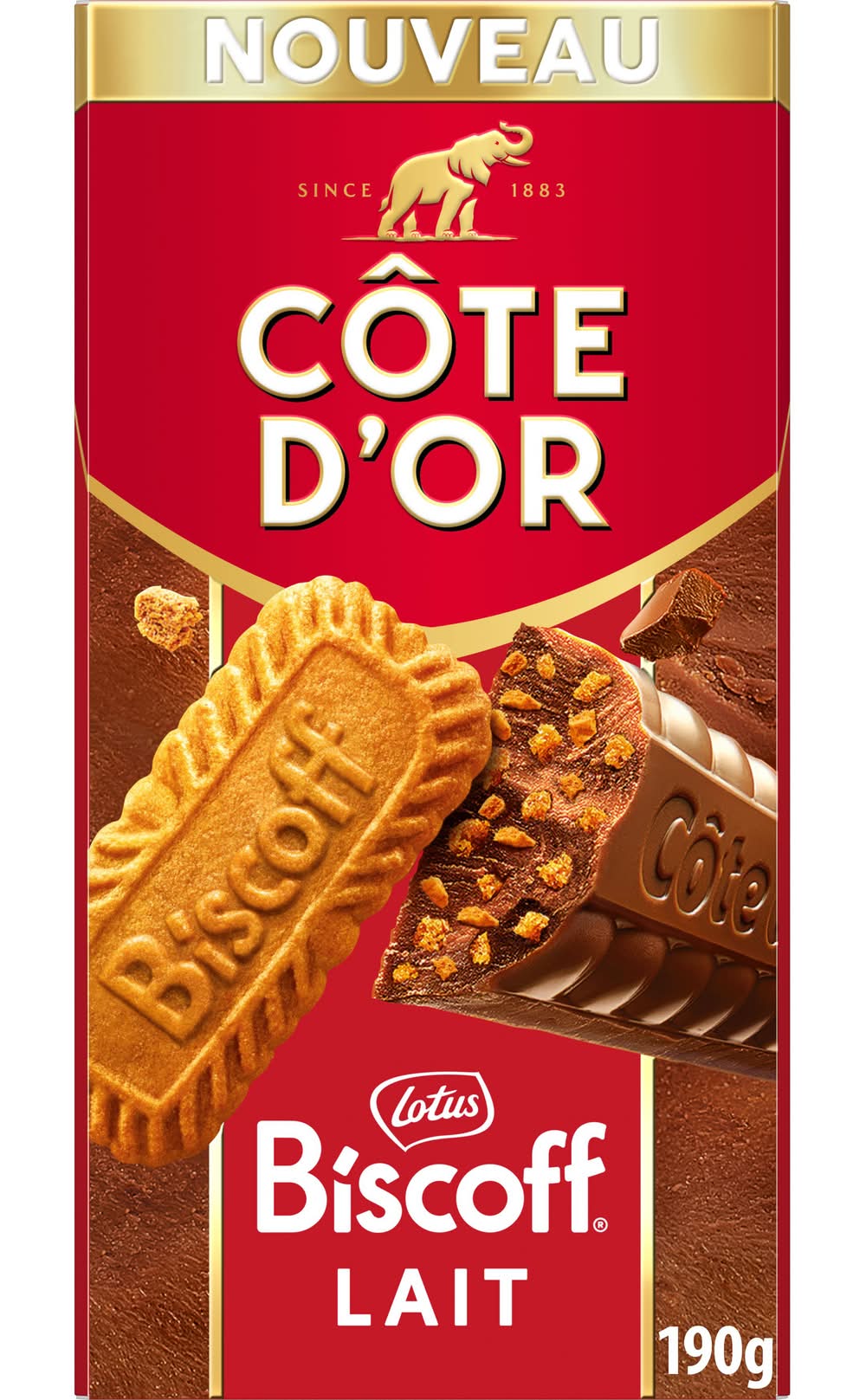 Cote d'Or - Barre chocolatée avec des morceaux de biscuits lotus biscoff croquants (190g)