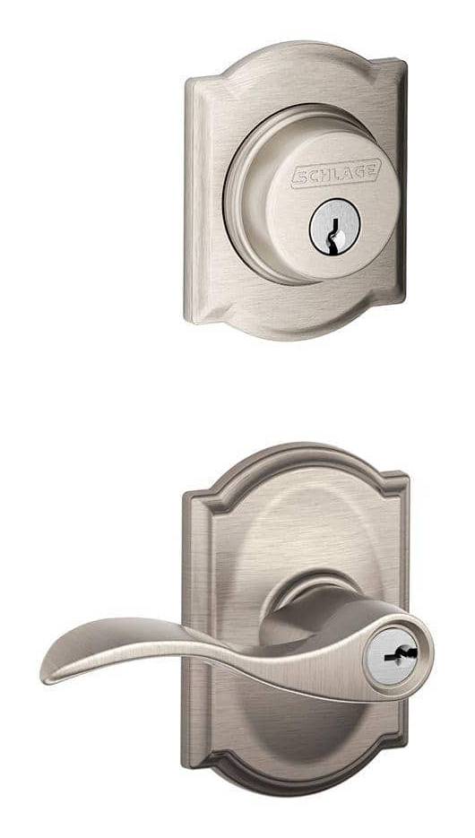Schlage Accent Satin Nickel Single Cylinder Deadbolt And Keyed Entry Door Handle With Camelot Trim Combo Pack