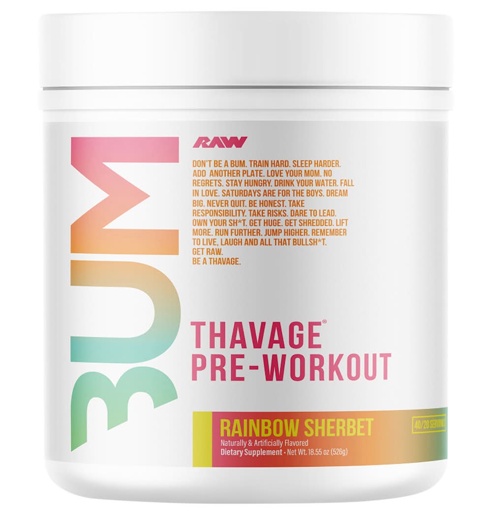 RAW Bum Thavage Pre-Workout Nutrition Powder, Rainbow Sherbet (18.55 oz)