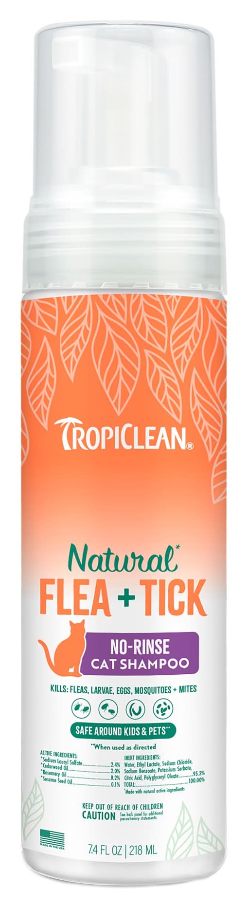 TropiClean Natural Flea & Tick No-Rinse Cat Shampoo - 7.4 oz Bottle (Color: Orange, Size: 7.4 Fl Oz)