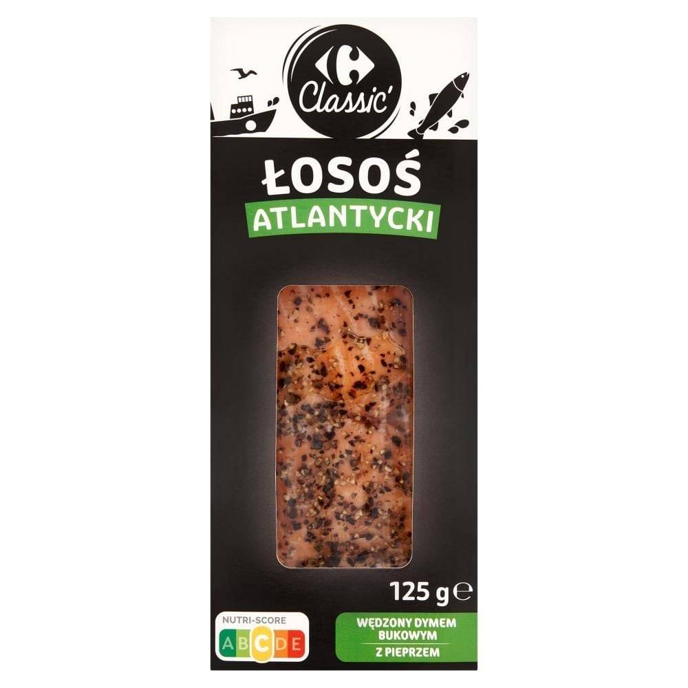 Carrefour Classic Łosoś atlantycki wędzony dymem bukowym z pieprzem 125 g