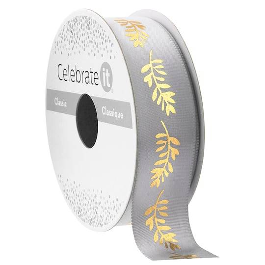 7/8" X 5Yd. Satin Gold Foil Leaf Stem Ribbon By Celebrate It Classic