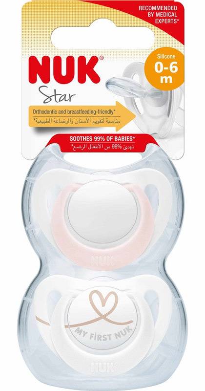 NUK Star Silic Soother 0-6m Asst 2pk