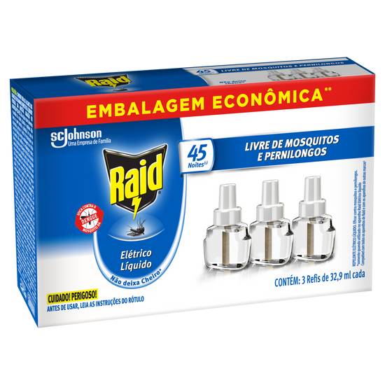 Raid refil repelente elétrico líquido 45 noites (3 itens)