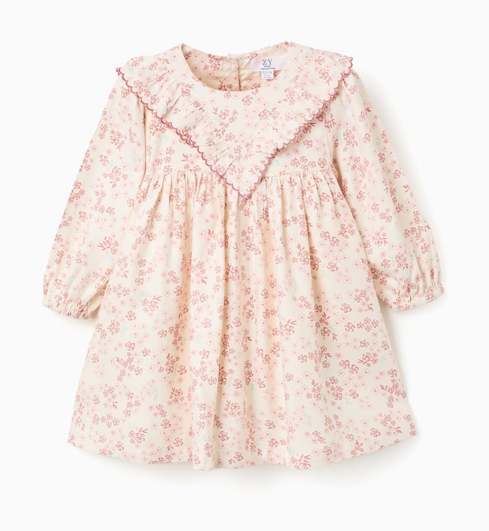 Vestido Floral De Manga Comprida Com Forro Para Bebé Menina, Bege/Rosa (Branco - 6/9M)