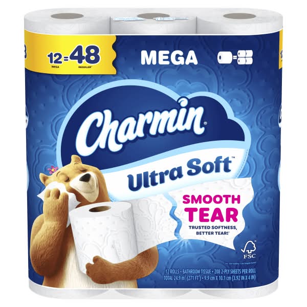 Charmin Ultra Soft 2-Ply Toilet Paper, 4" x 4", 208 Sheets Per Roll, Pack Of 12 Mega Rolls