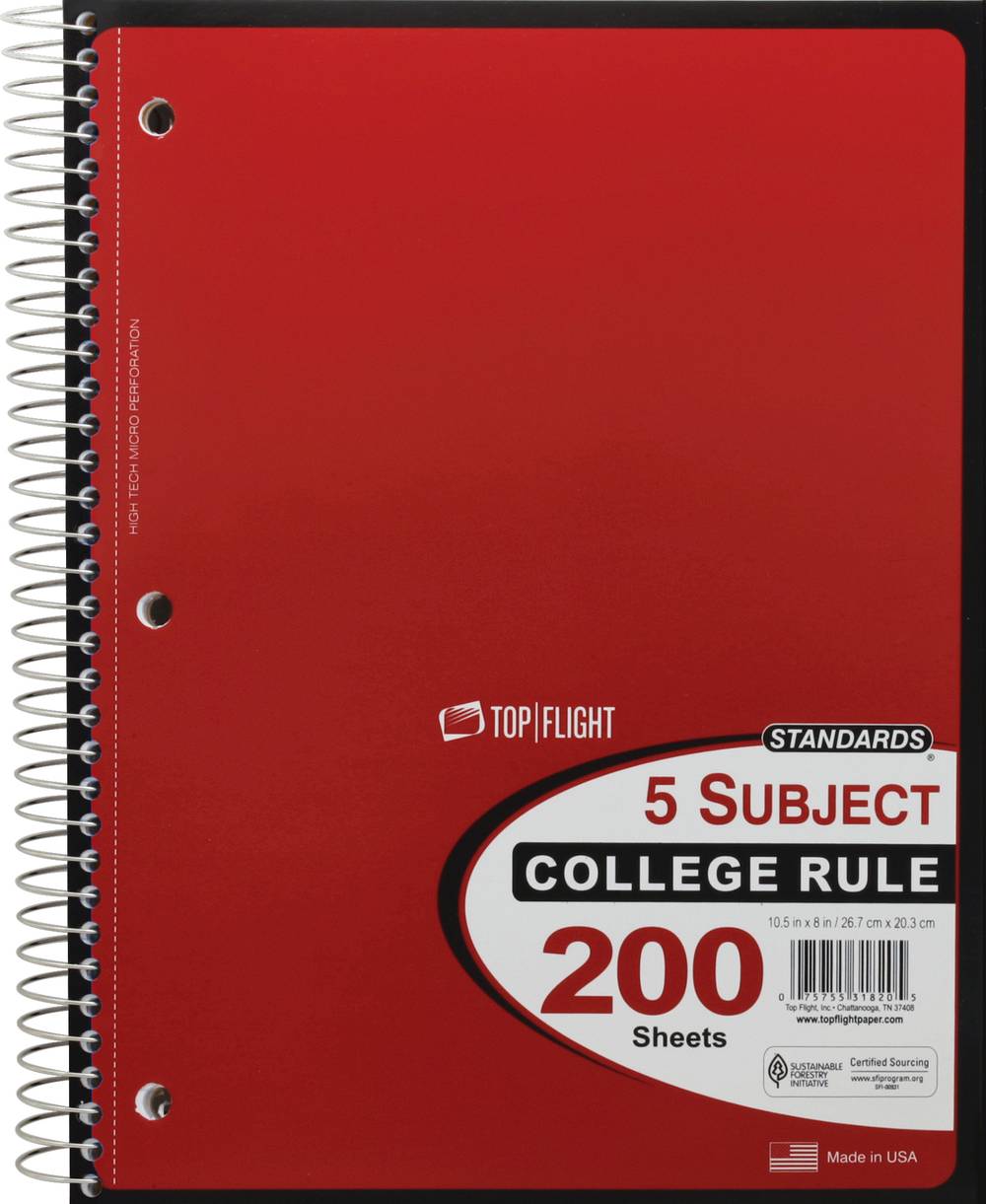 Top Flight College Ruled 5 Subject Notebook 200 Sheets