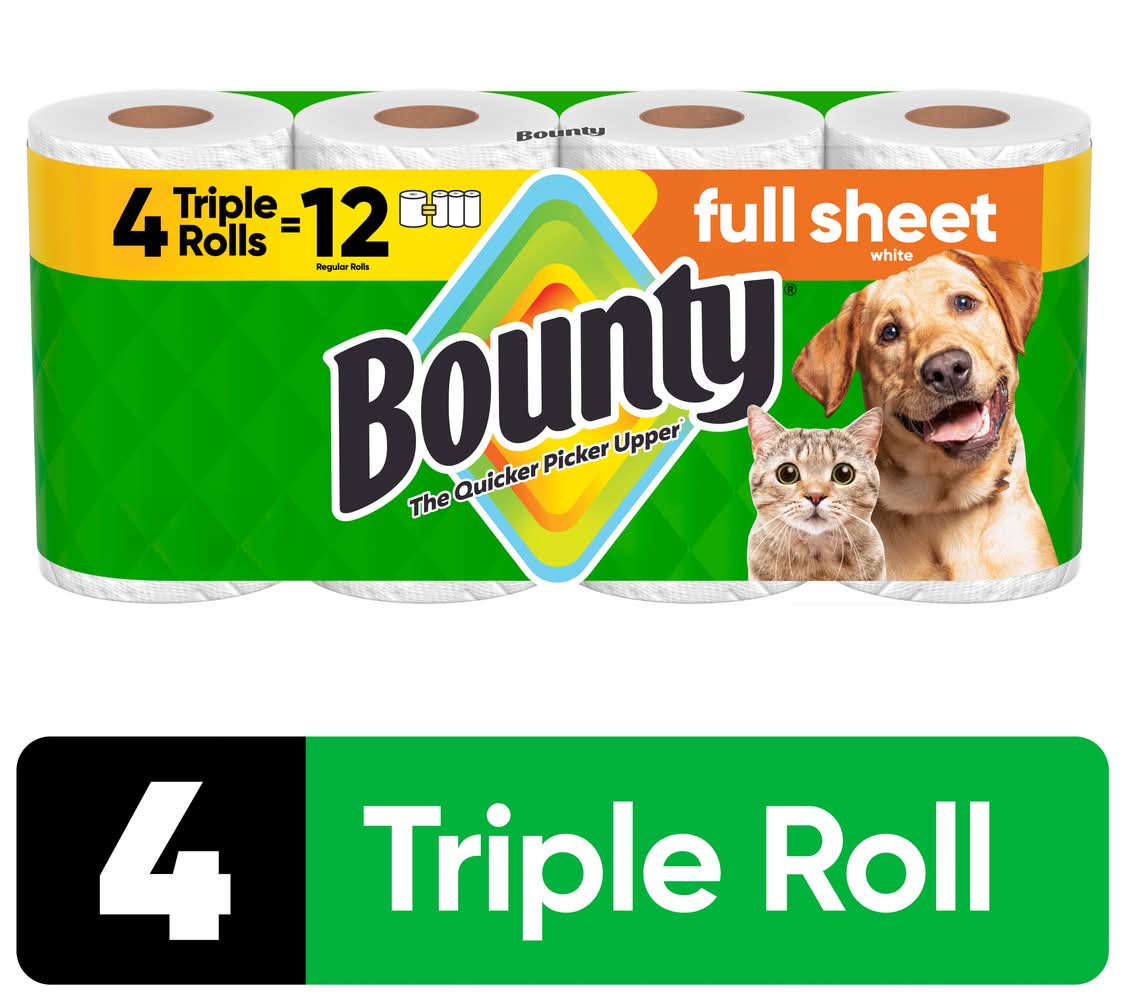 Bounty Full Sheet 2 Ply Triple Paper Towels Rolls, 11x10.2 in, White (4 ct)