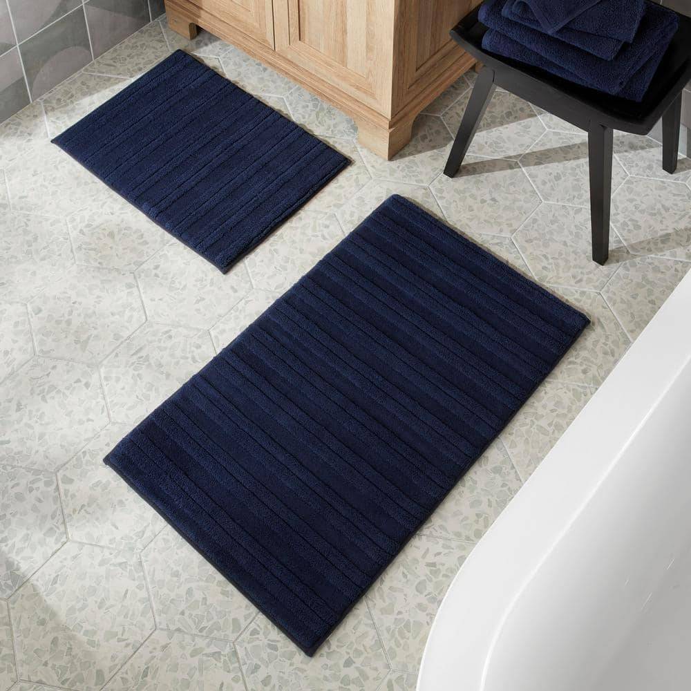 Stylewell Memory Foam Blue Striped Midnight 2-Piece Bath Rug Set