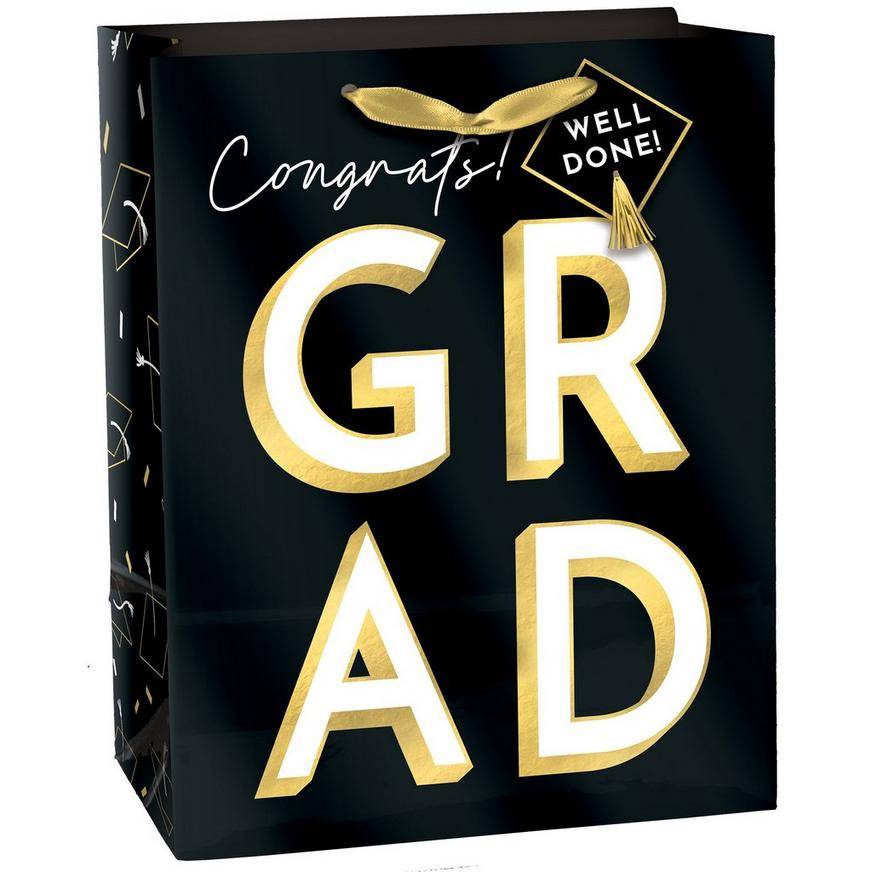 Party City Congrats Grad Paper Gift Bag, Black - Silver - Gold