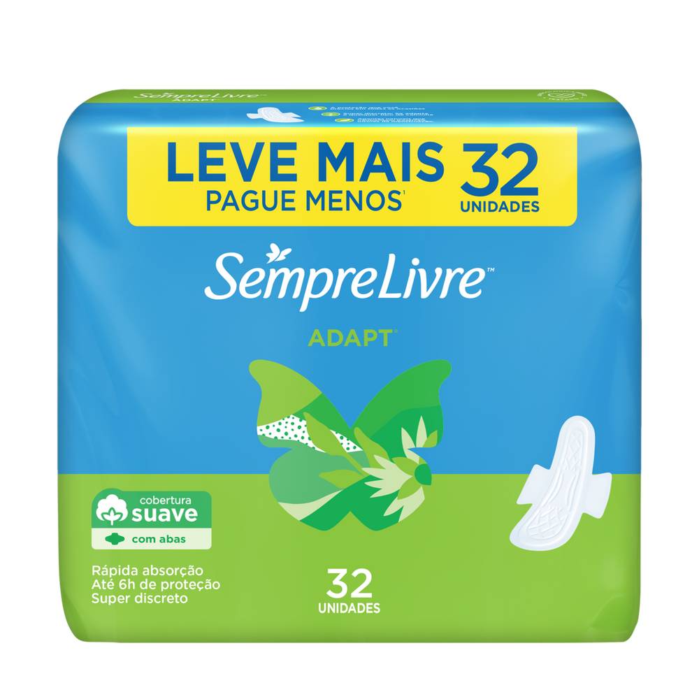 Sempre livre absorvente descartável adapt cobertura suave com abas (pacote 32 absorventes)