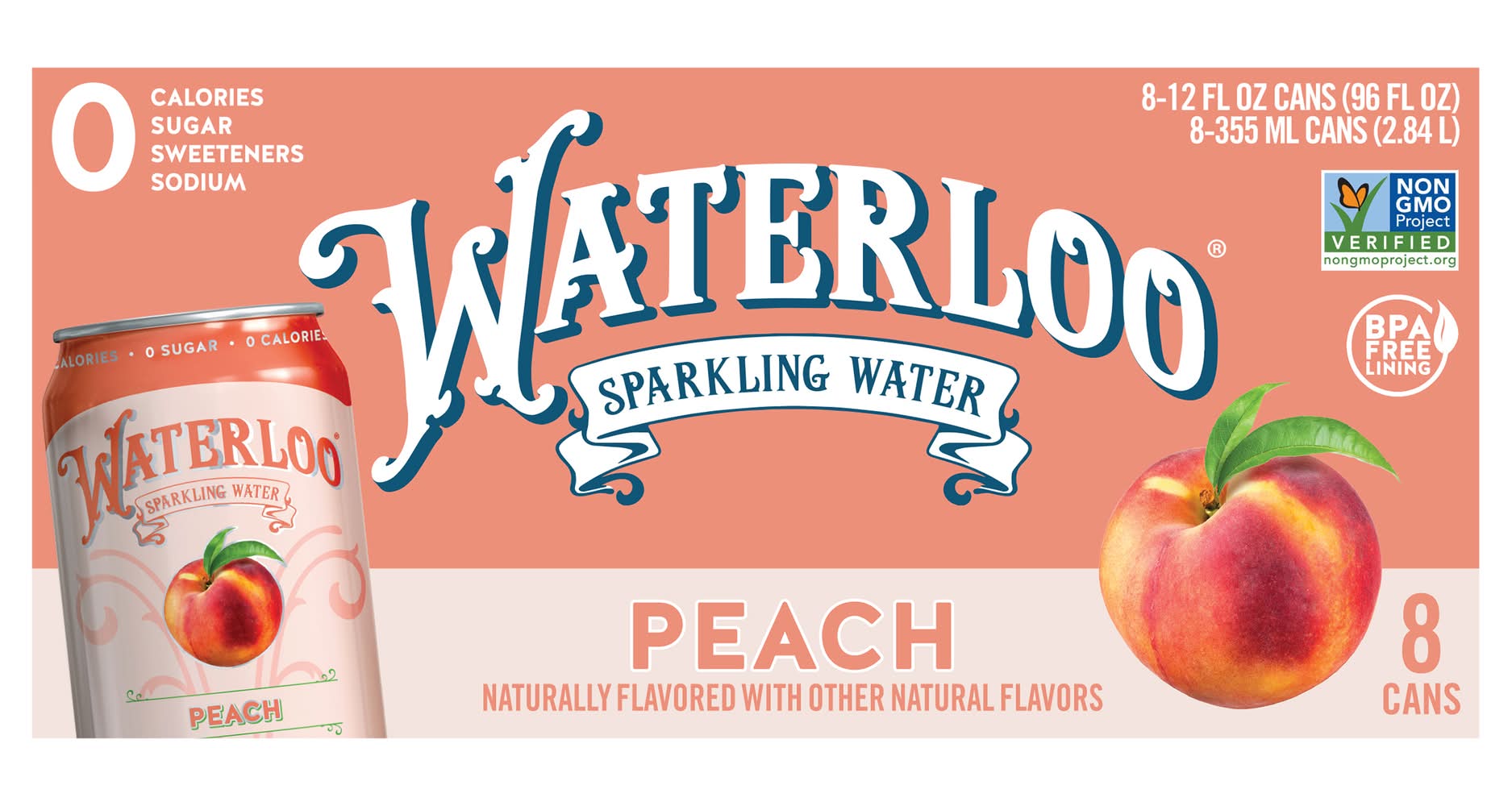 Waterloo Flavored Sparkling Water, Peach (8 x 12 fl oz)