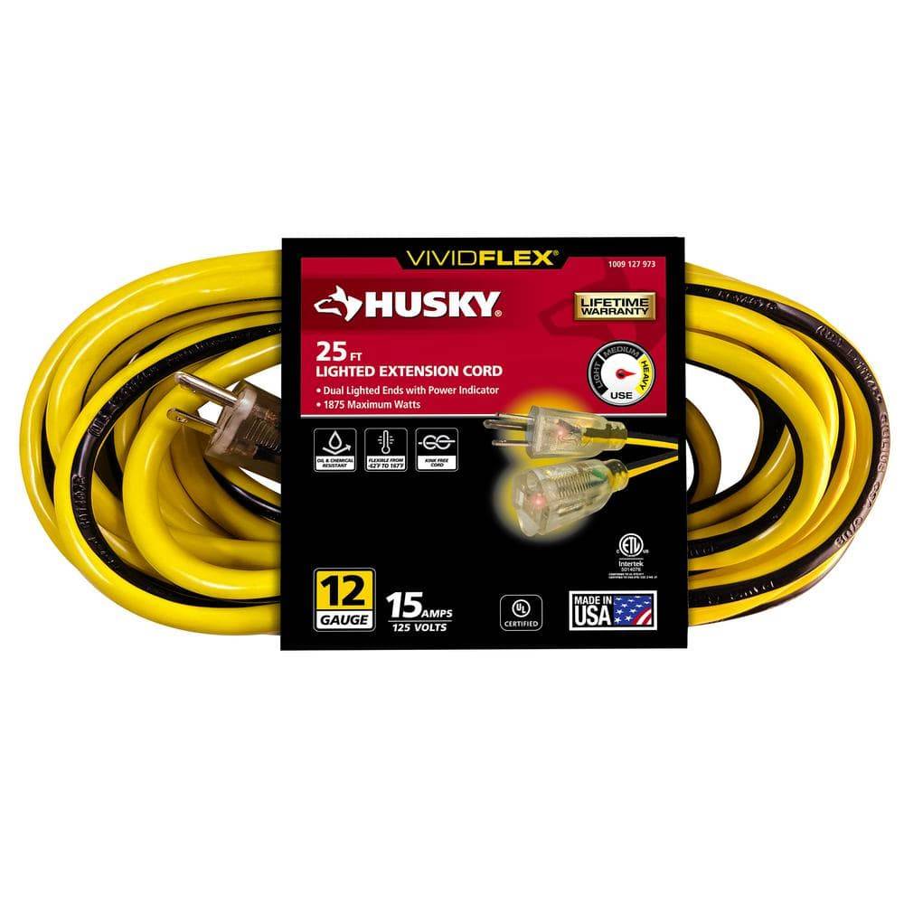 Husky Vividflex 25 Ft. 12/3 Heavy Duty Indoor/Outdoor Extension Cord With Lighted End, Yellow