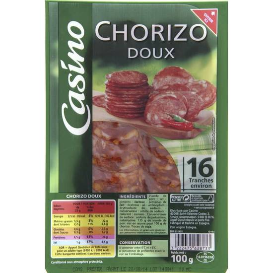 Chorizo - Doux - 16 tranches 100g CASINO