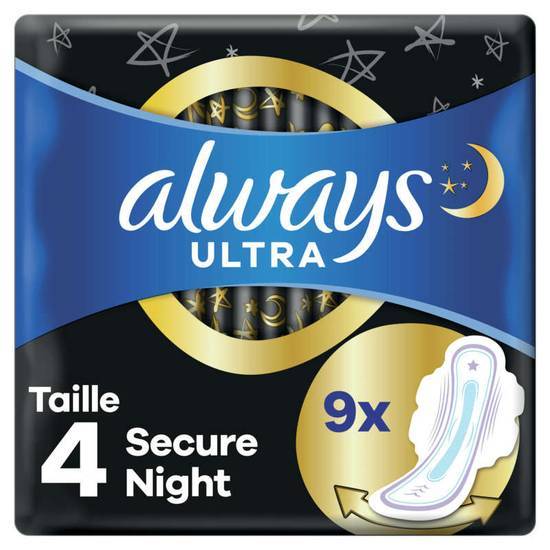 Always Ultra Serviettes Hygiéniques Ailettes Taille 4 Secure Night x9