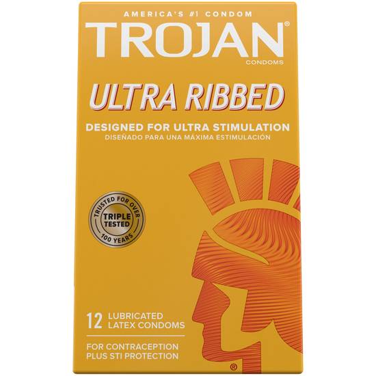 Trojan Condoms Ultra Ribbed Lubricated Latex, 12 CT