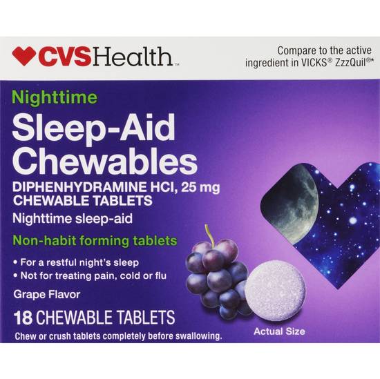 CVS Health Nighttime Sleep Aid Diphenhydramine HCI 25 MG Chewable Tablets, Grape, 18 CT
