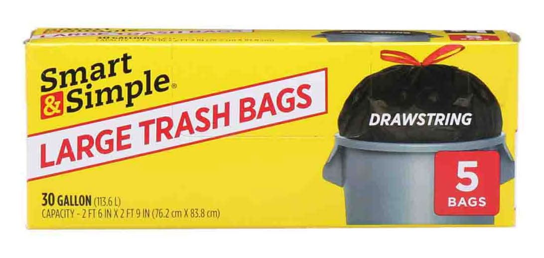 Smart & Simple Large Drawstring Trash Bags 30 Gallon 5 Ct