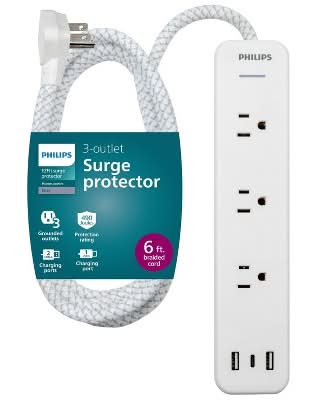 Philips Ezfit 3 Outlet Surge Protector With Usb Charging, White