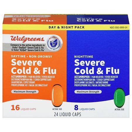 Walgreens Day & Night pack Severe Cold & Flu Liquid Caps (actual size)