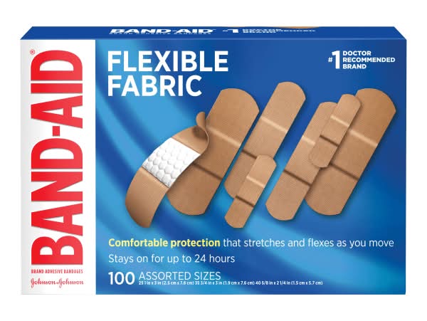 Band-Aid Brand Flexible Fabric Adhesive Bandages, Assorted, Box of 100 Bandages