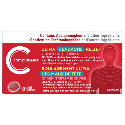 Compliments Headache Relief Acetaminophen And Caffeine Tablets Ultra Strength 80 EA