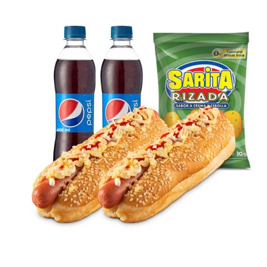 Combo 2 Hot dog + 2 Pepsi 400 ml + Sarita crema y cebolla