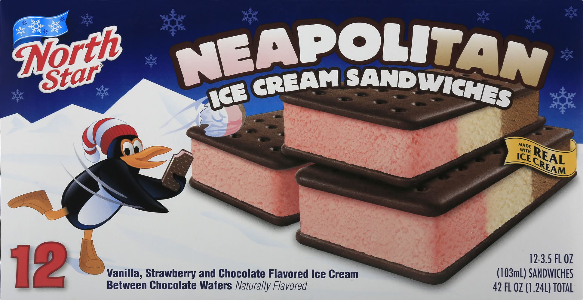 North Star Vanilla, Strawberry and Chocolate Flavored Neapolitan Ice Cream Sandwiches (42 fl oz)