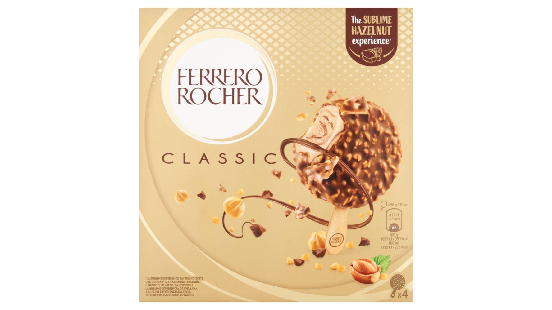 Ferrero Rocher Milk Chocolate-Hazelnut, Classic Ice Cream Sticks (4 pack)