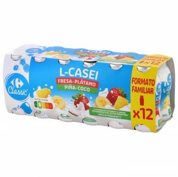 L.Casei líquido sabor fresa-plátano y piña-coco Classic´Carrefour pack de 12 unidades de 100 g.