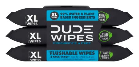 DUDE Wipes Fragrance Free Flushable Wipes, 7x7 in (3 x 48 ct)