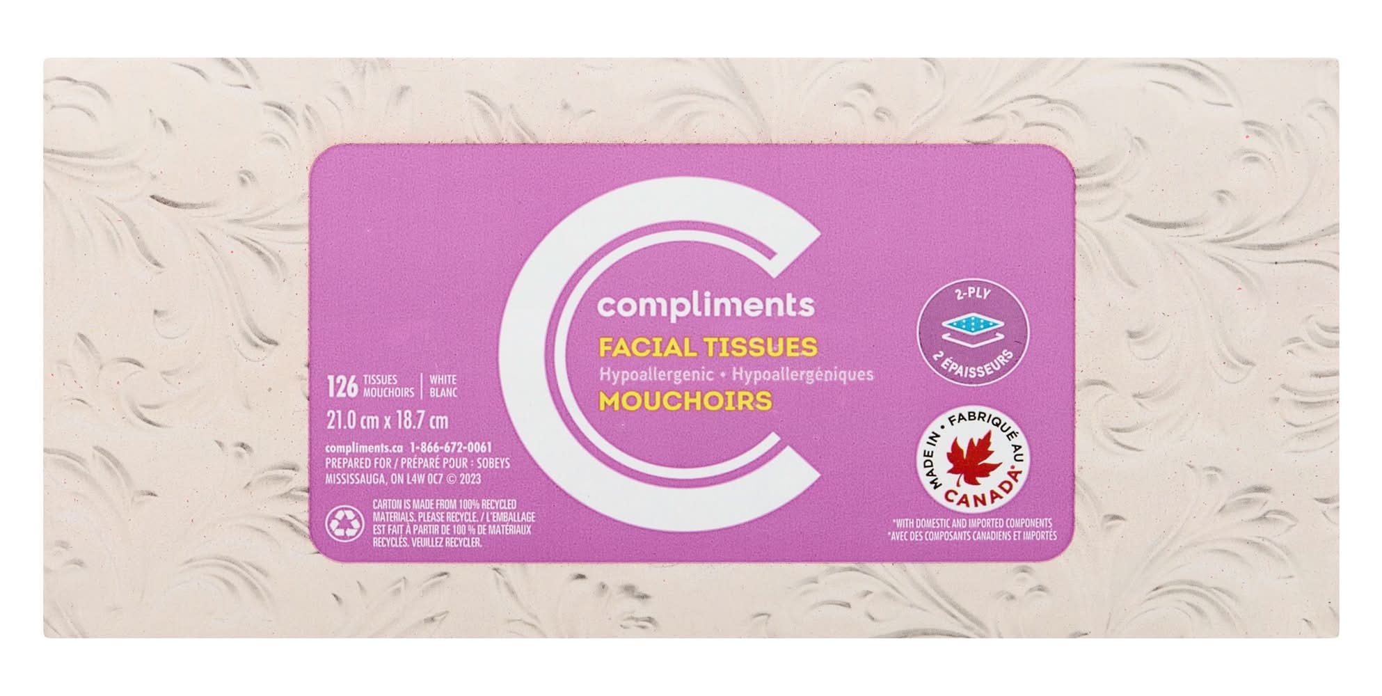Compliments mouchoirs hypoallergéniques en papier 2 plis - hypoallergenic 2 ply facial tissues (126 unités)