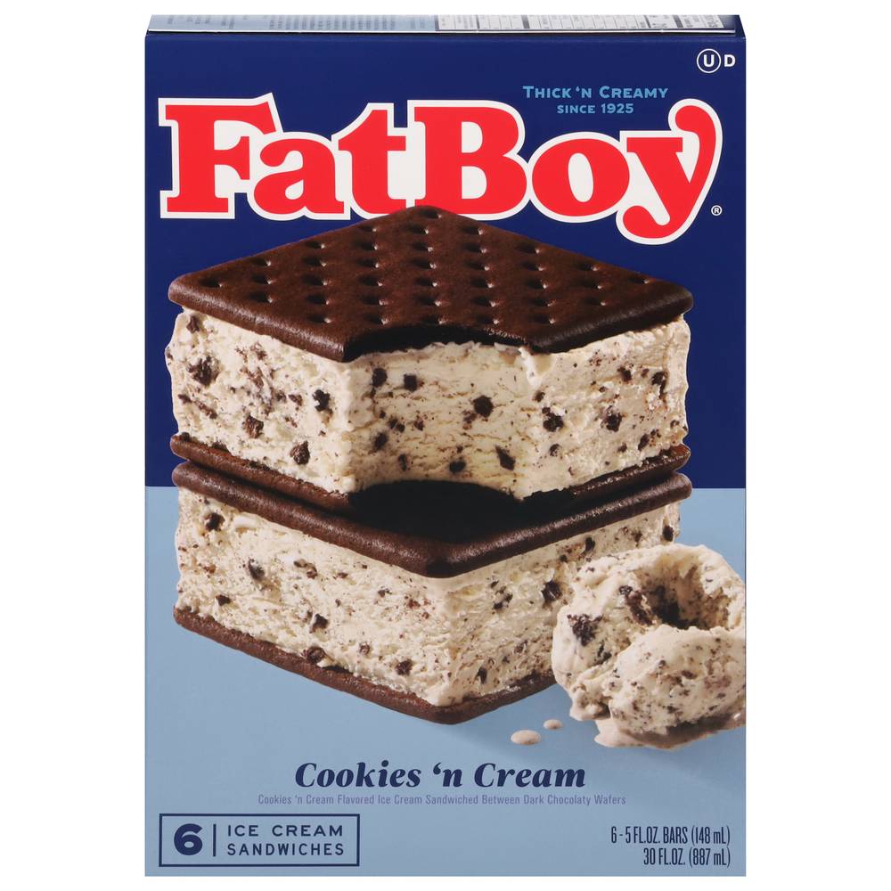 FatBoy Cookies 'N Cream Premium Ice Cream Sandwich (30 fl oz, 6 ct)