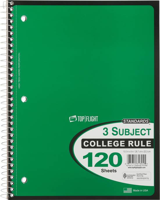 Top Flight Standards 3 Subject College Rule Notebook (120 ct)(green)