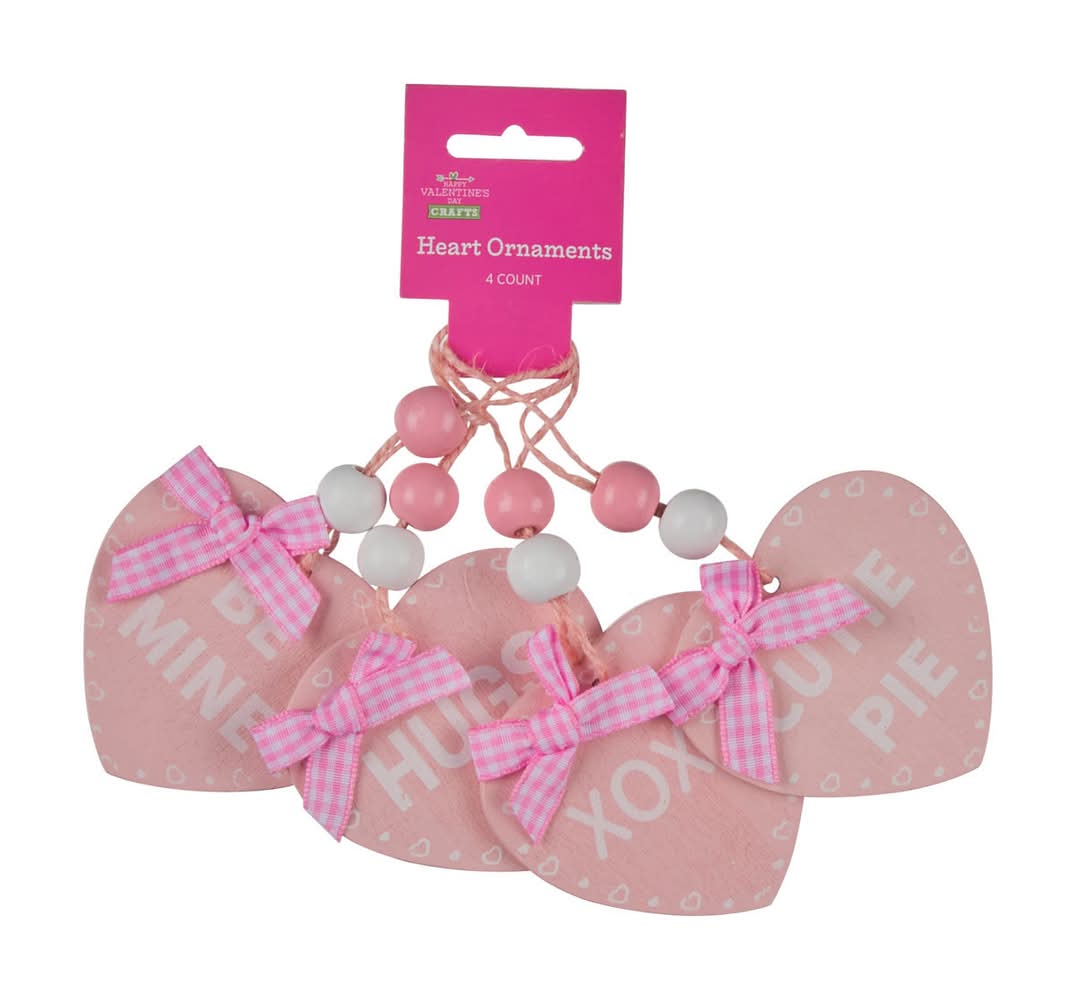 Happy Valentine'S Day Heart Shaped Wooden Ornaments 4 Ct Assorted