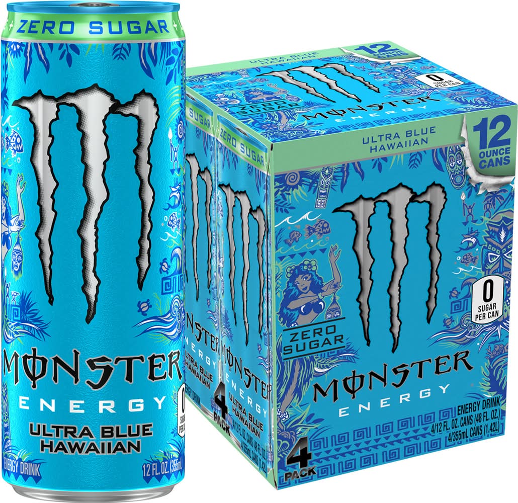 Monster Ultra Zero Sugar Energy Drink, Ultra Blue Hawaiian (4 x 12 fl oz)
