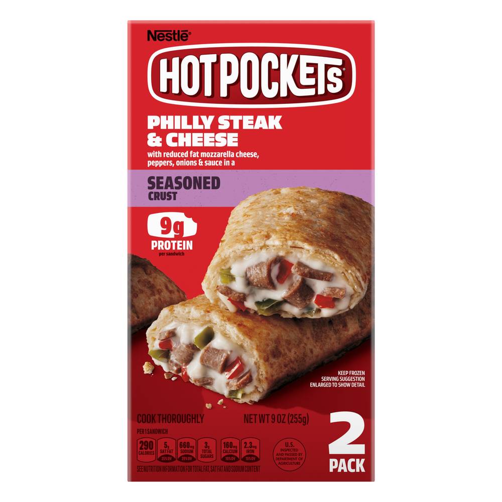 Hot Pockets Philly Steak and Cheese Frozen Snacks in a Seasoned Crust, Steak and Cheese Snacks Made with Reduced Fat Mozzarella Cheese, 9 Oz, 2 Count Frozen Sandwiches