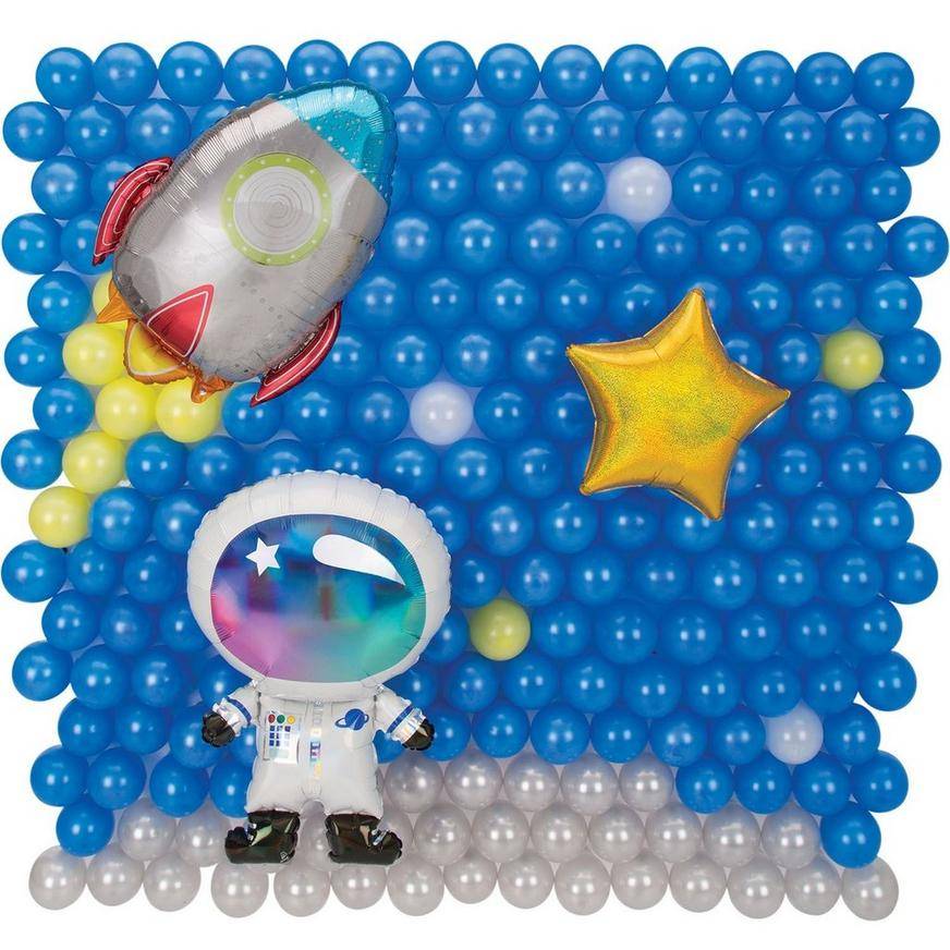 Uninflated Air-Filled Space Astronaut, Rocket Star Foil Latex Balloon Backdrop Kit, 6.25ft x 5.9ft