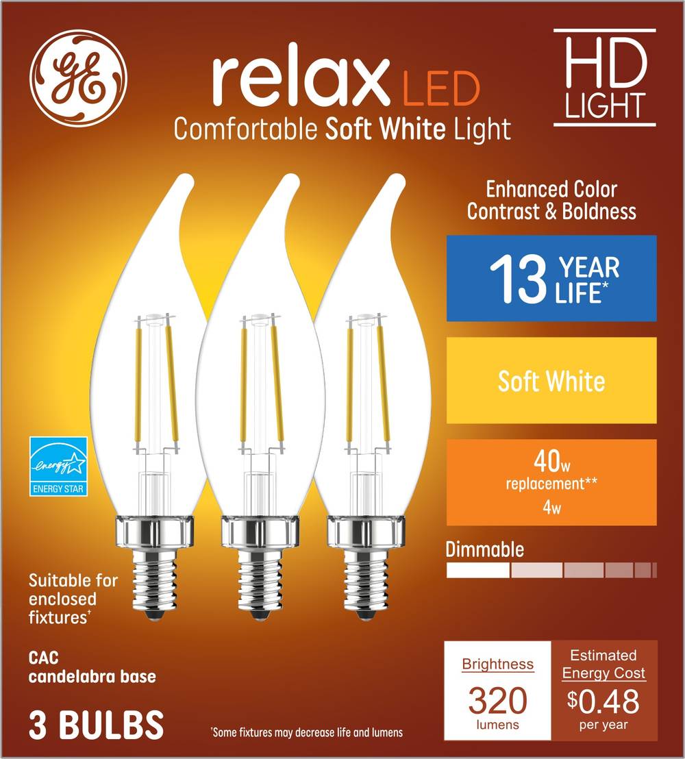 Relax Hd Led 40w Eq Clear Decorative Candelabra Base Bent Tip Dimmable Light Bulb 3-pack