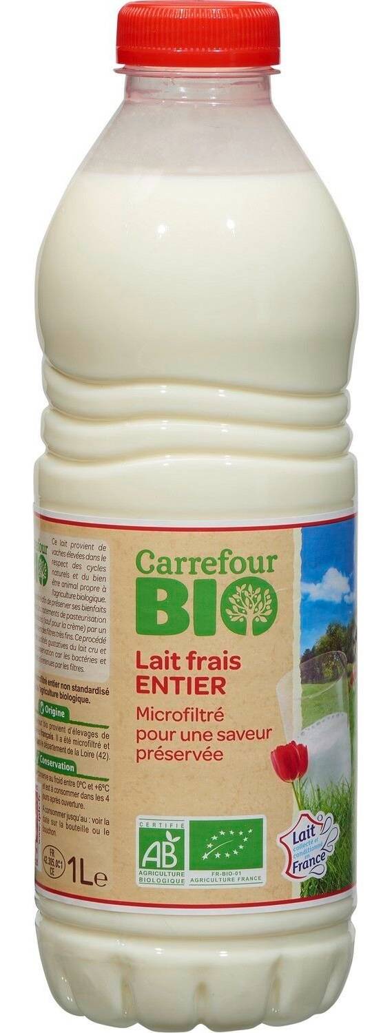 Carrefour Bio - Lait frais entier microfiltré (1L)