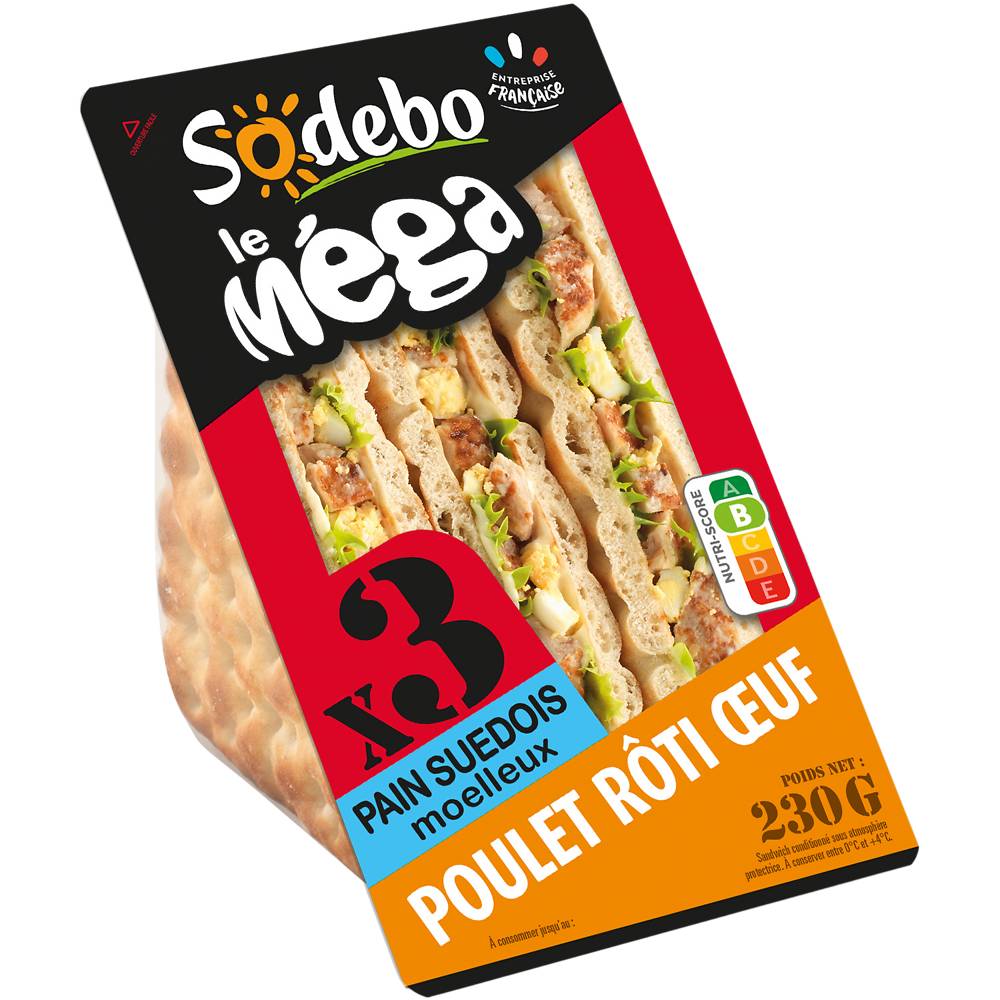 Sandwich le Méga Club suédois, poulet rôti et oeufs SODEBO, 230g