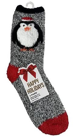 Holiday Penguin Fuzzy Socks, 9-11 (3 ct)