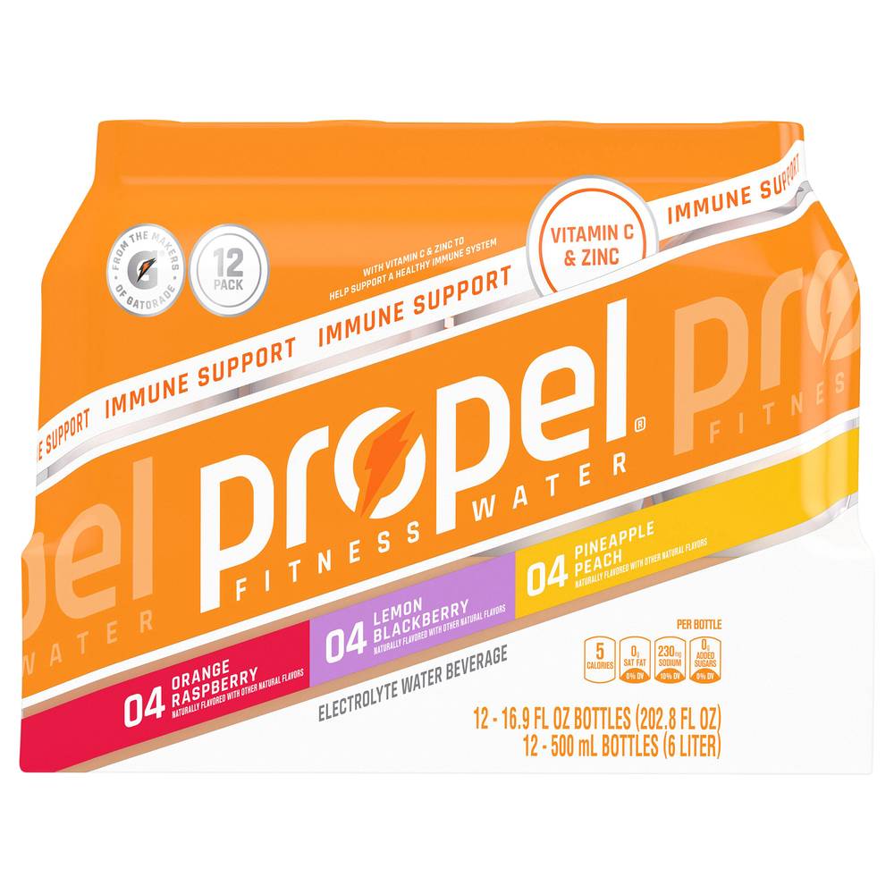 Propel Immune Support Electrolyte Water, Lemon Blackberry-Orange Raspberry-Pineapple Peach (12 x 16.9 fl oz)