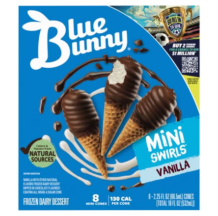 Blue Bunny Mini Swirls Ice Cream Cones, Vanilla (8 x 2.25 fl oz)