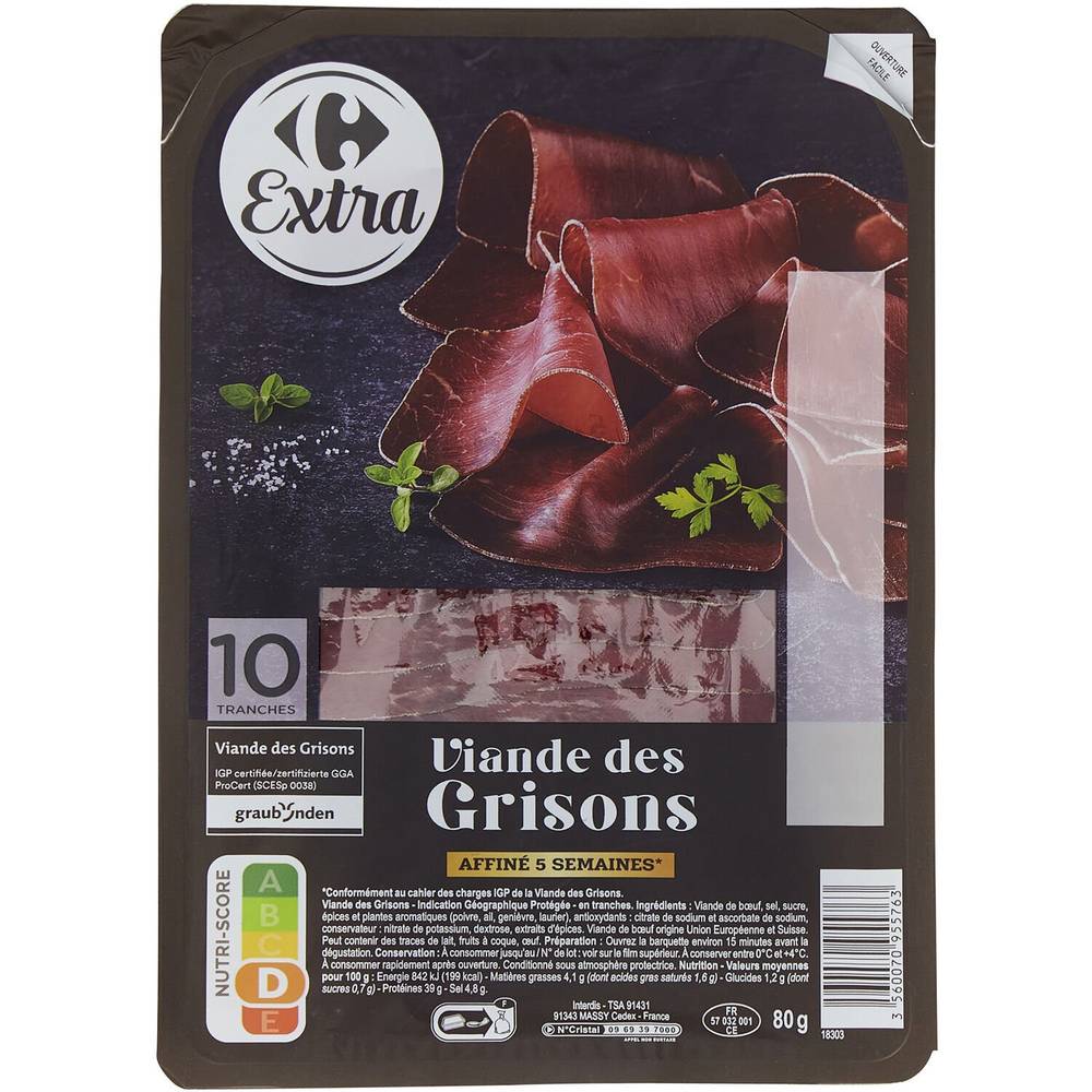 Viande des Grisons CARREFOUR - la barquette de 10 tranches - 80g