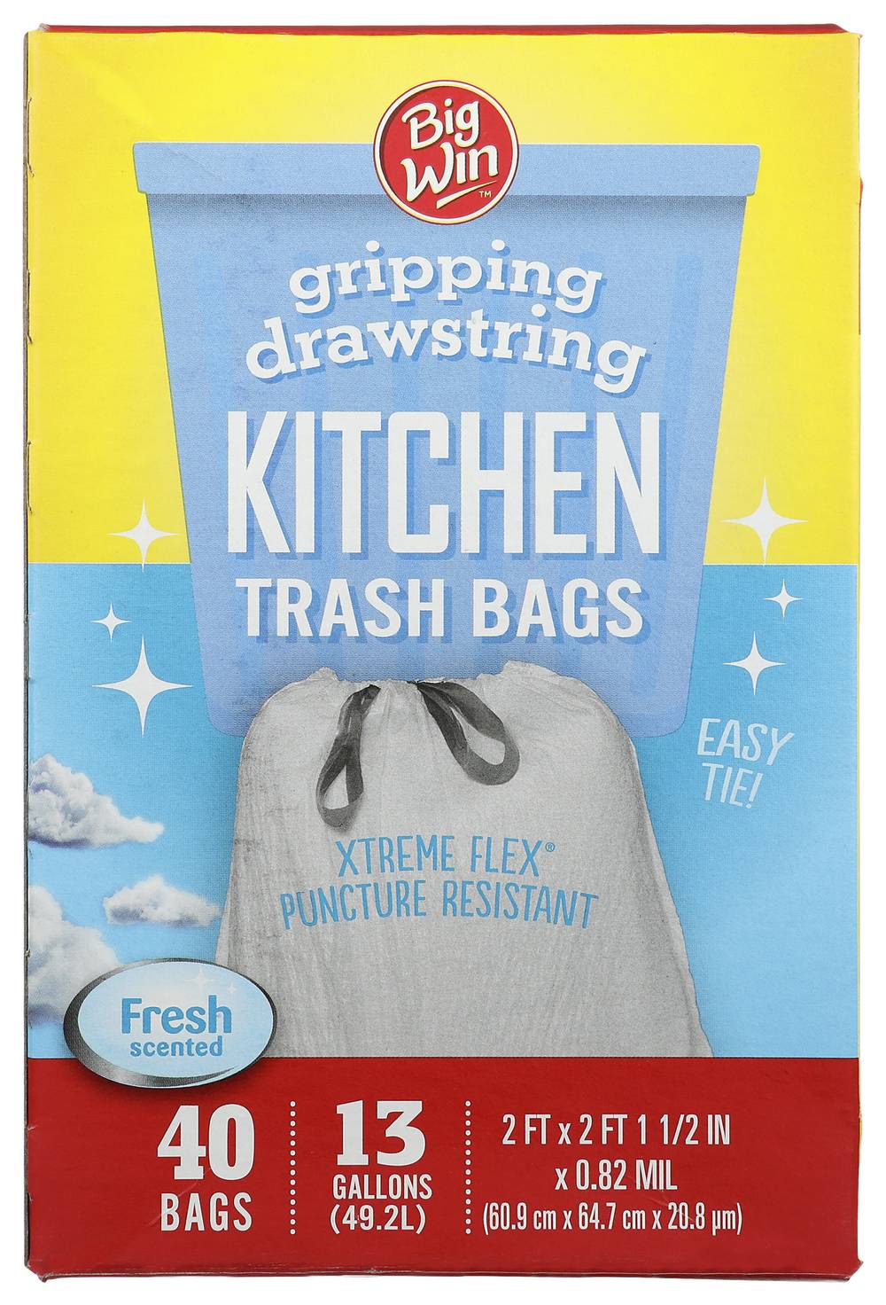 Big Win Gripping Drawstring Kitchen Trash Bags, Fresh, 60.9 cmX 64.7 cmX 20.8 μm (40 ct)